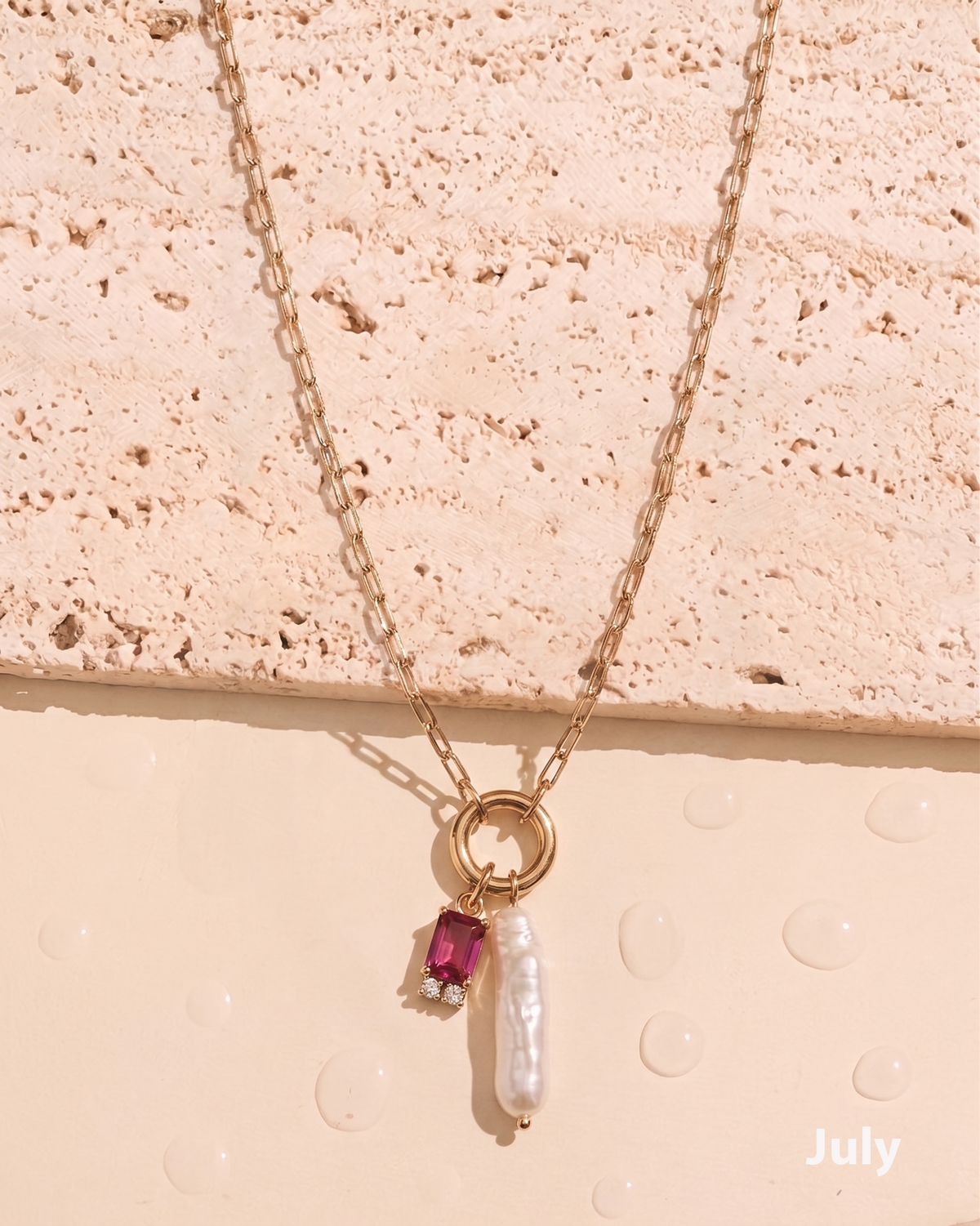 Olivia Birthstone Birth Month Color Zircon Long Pearl Dual Pendant Thin Link Chain Gold Necklace