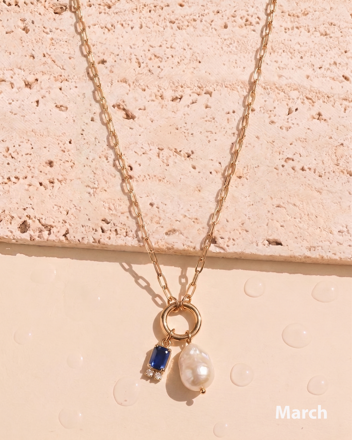 Olivia Birthstone Birth Month Color Zircon Long Pearl Dual Pendant Thin Link Chain Gold Necklace