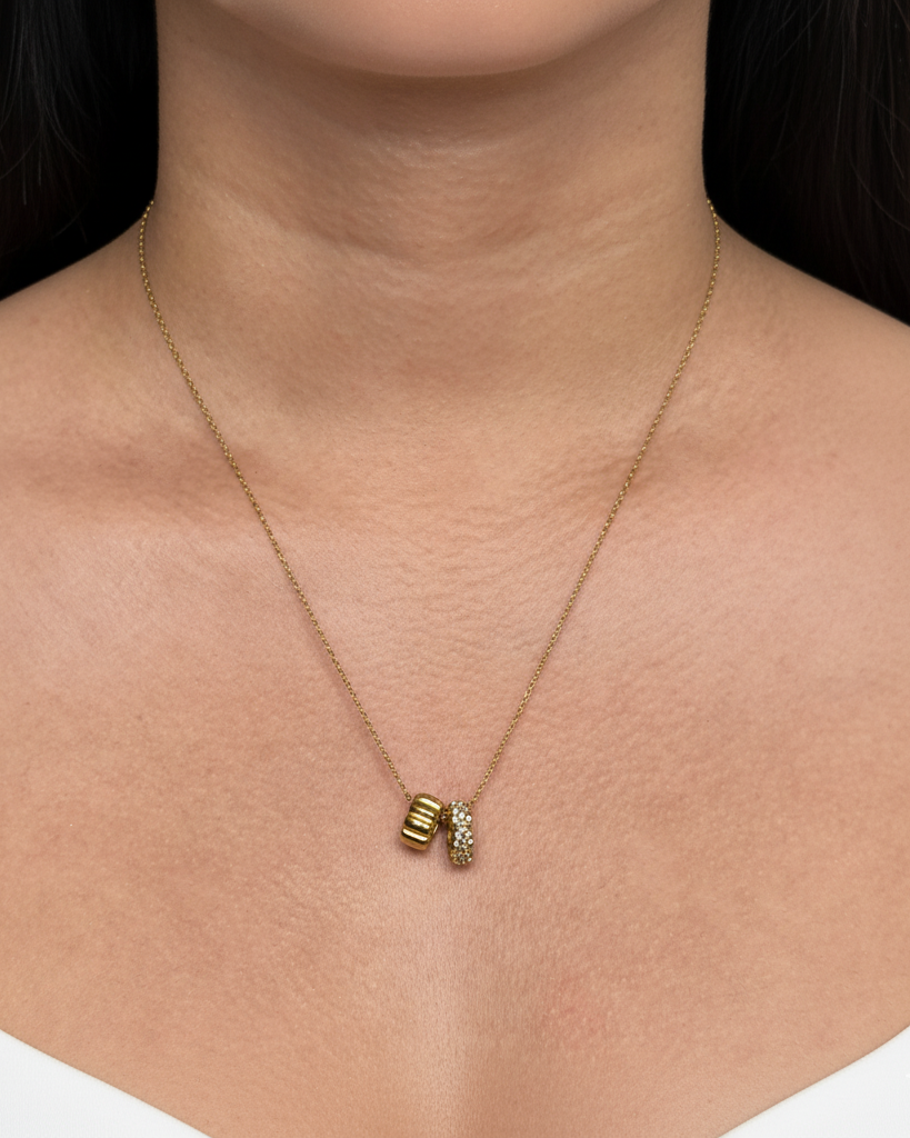 Orla Dual Ring Groove Zircon Flower Shaped Paved Pendants Thin Link Chain Gold Necklace