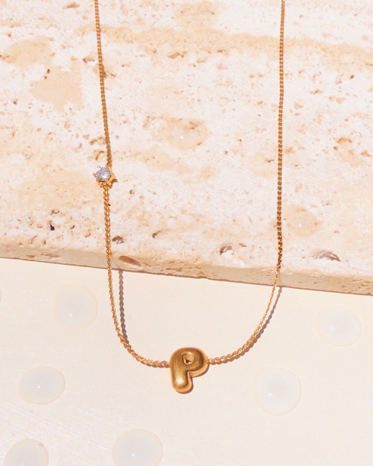 Marieta Letter Initials (A-Z) Rounded Puffy Design Center Pendant Zircon Side Pendant Thin Snake Chain Gold Necklace