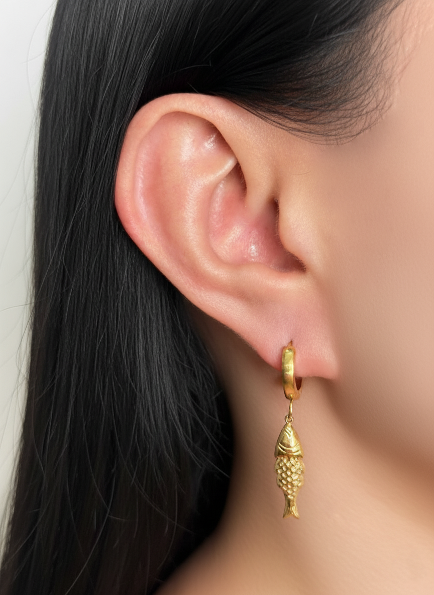 Perylia Thin Round Huggie Fish Shaped Gold Drop Earrings
