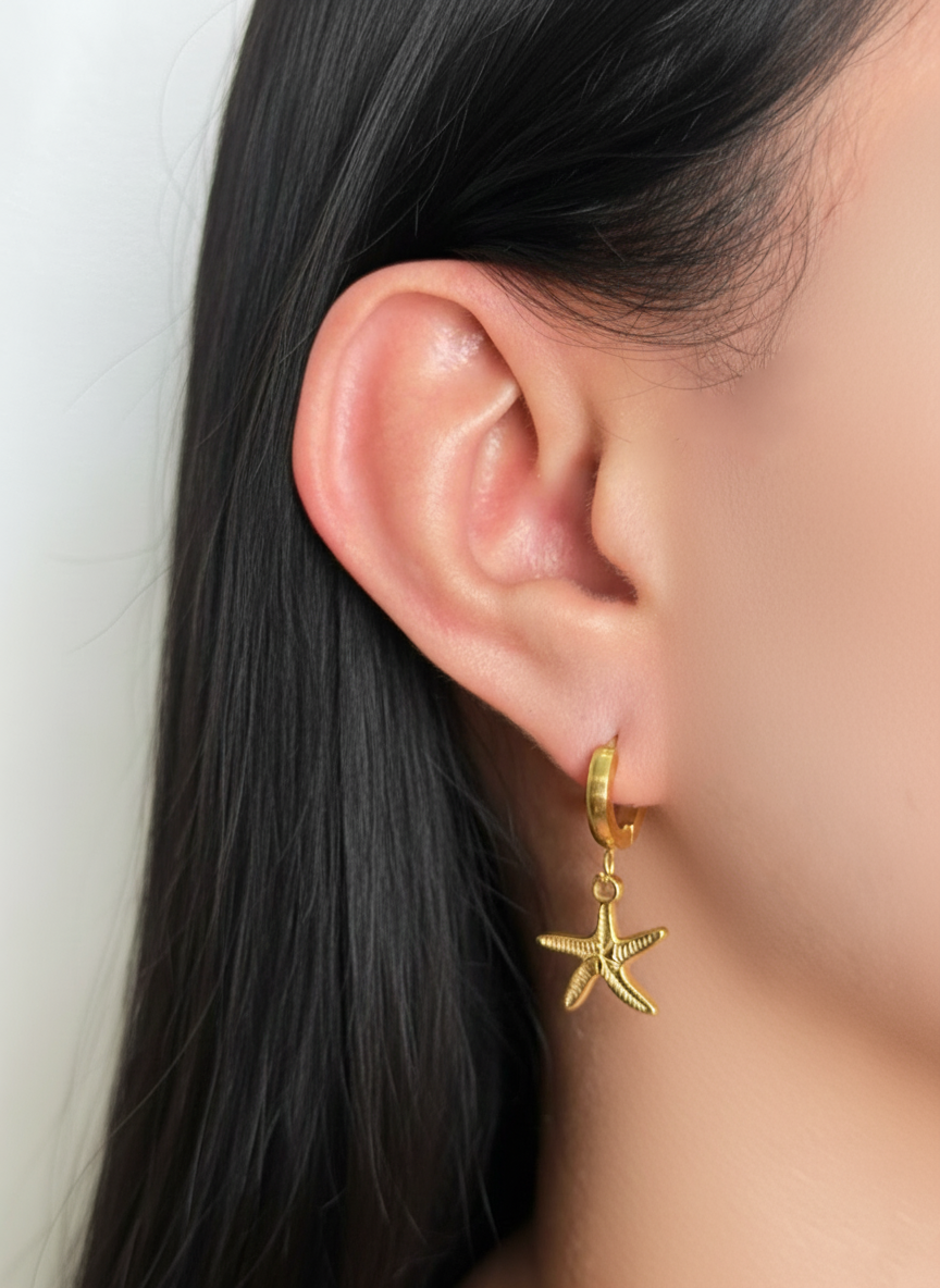 Phelinne Thin Round Huggie Starfish Shaped Gold Drop Earrings