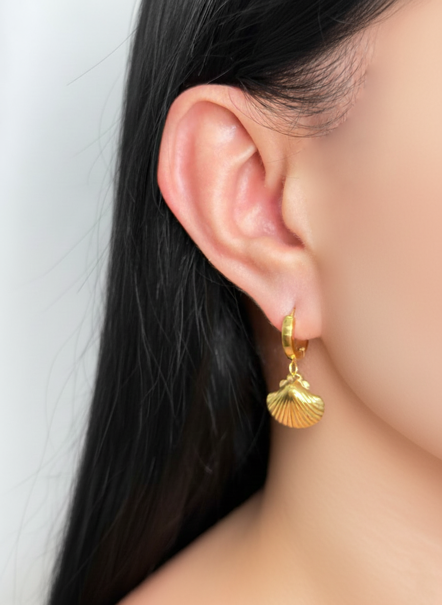 Pranaya Thin Round Huggie Seashell Shaped Gold Drop Earrings