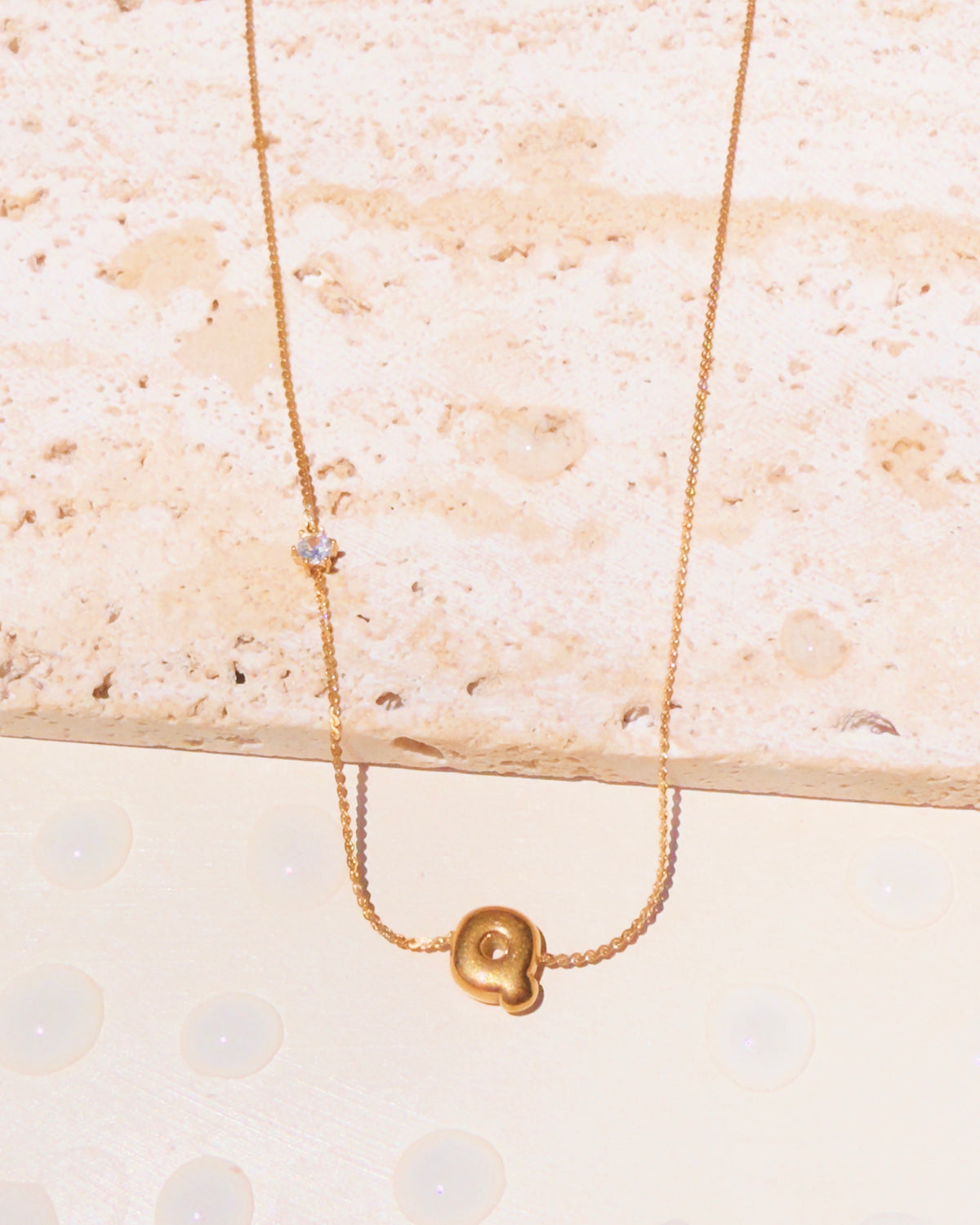 Marieta Letter Initials (A-Z) Rounded Puffy Design Center Pendant Zircon Side Pendant Thin Snake Chain Gold Necklace