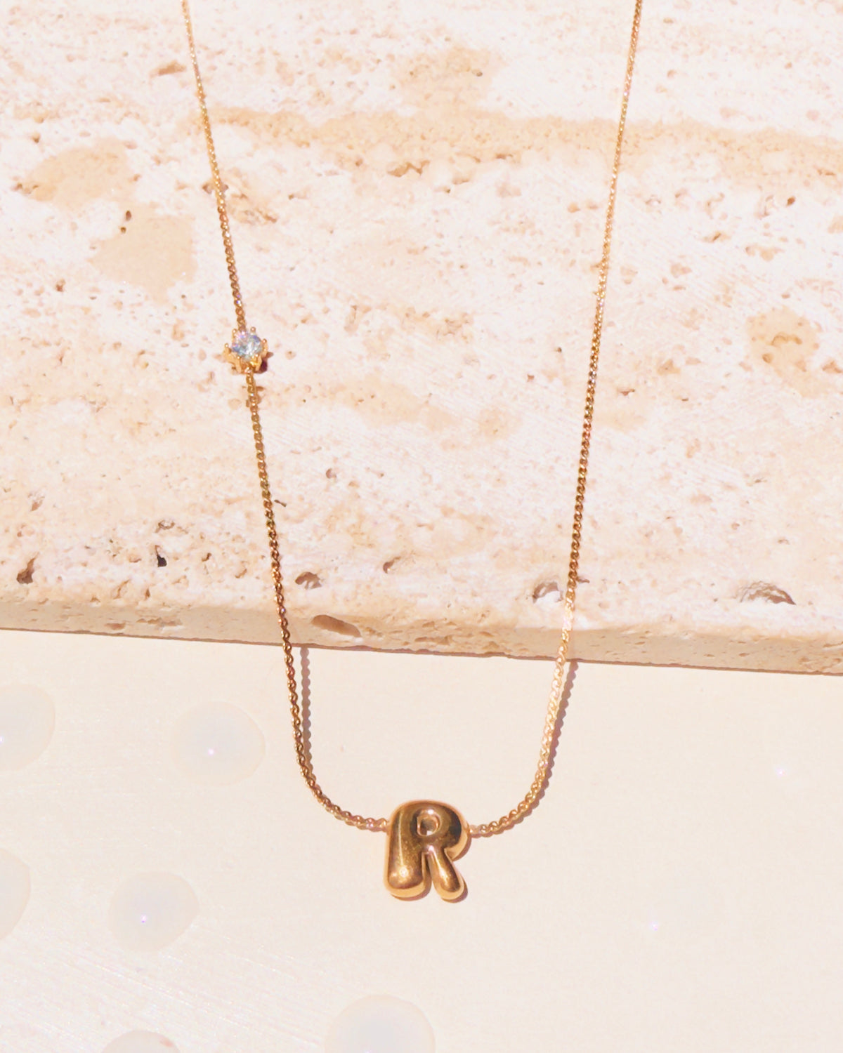 Marieta Letter Initials (A-Z) Rounded Puffy Design Center Pendant Zircon Side Pendant Thin Snake Chain Gold Necklace