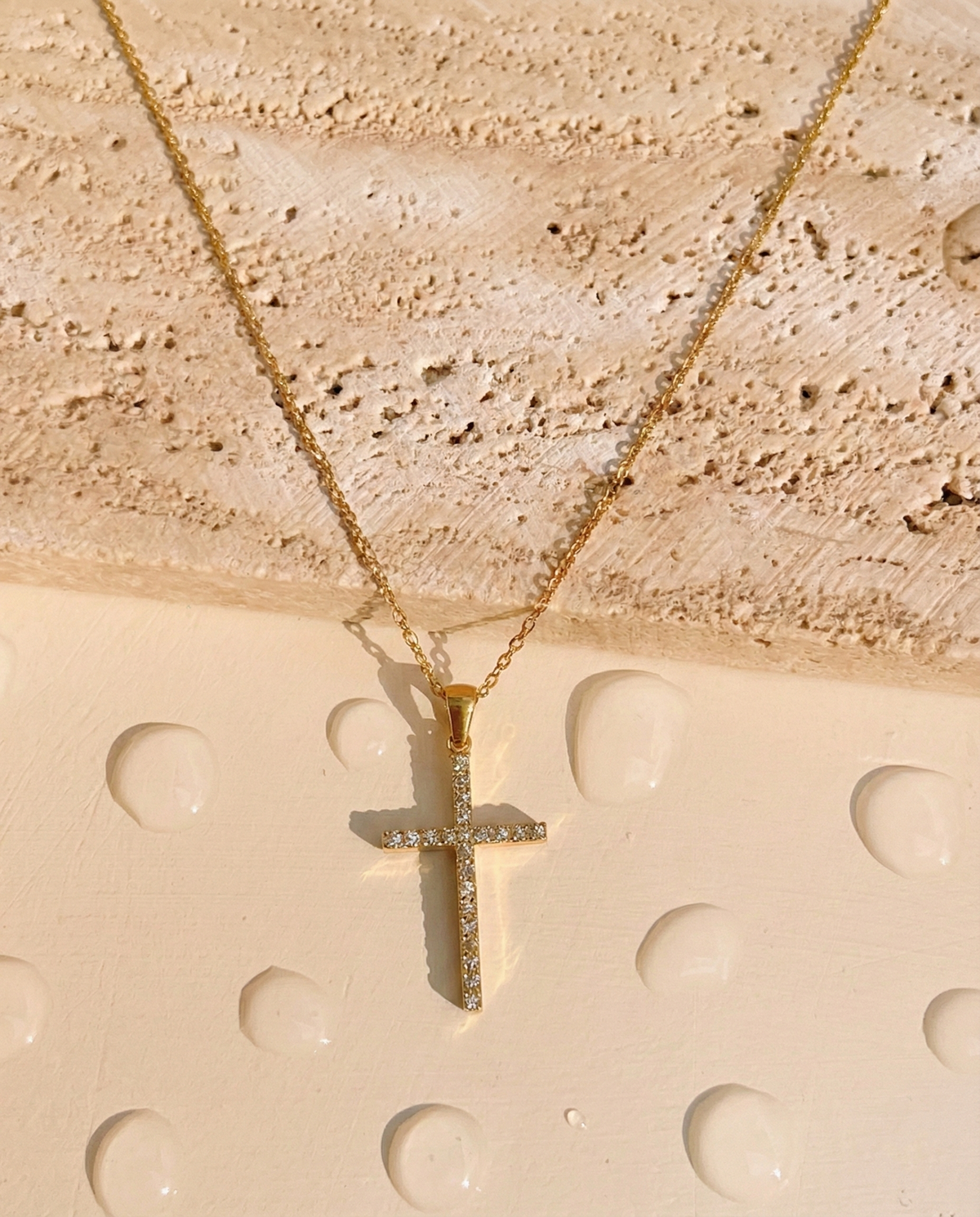 Reina Zircon Paved Cross Pendant Classic Link Chain Gold Necklace