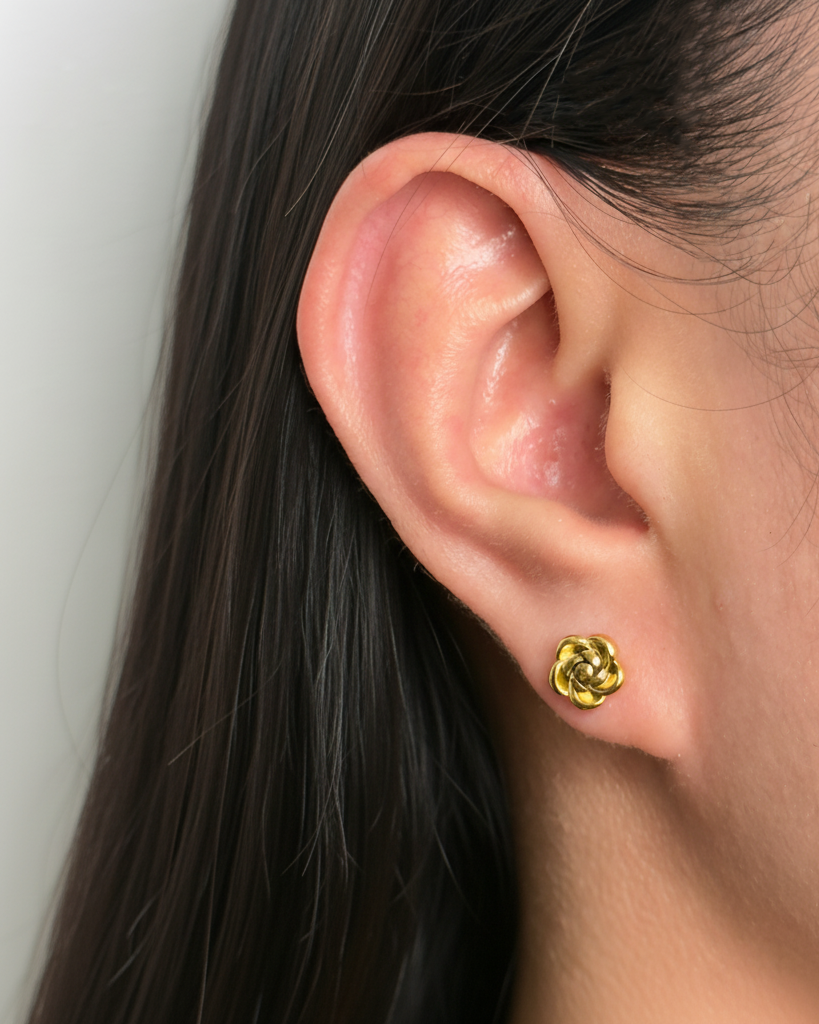 Rosamund Carved Rose Flower Dainty Gold Stud Earrings