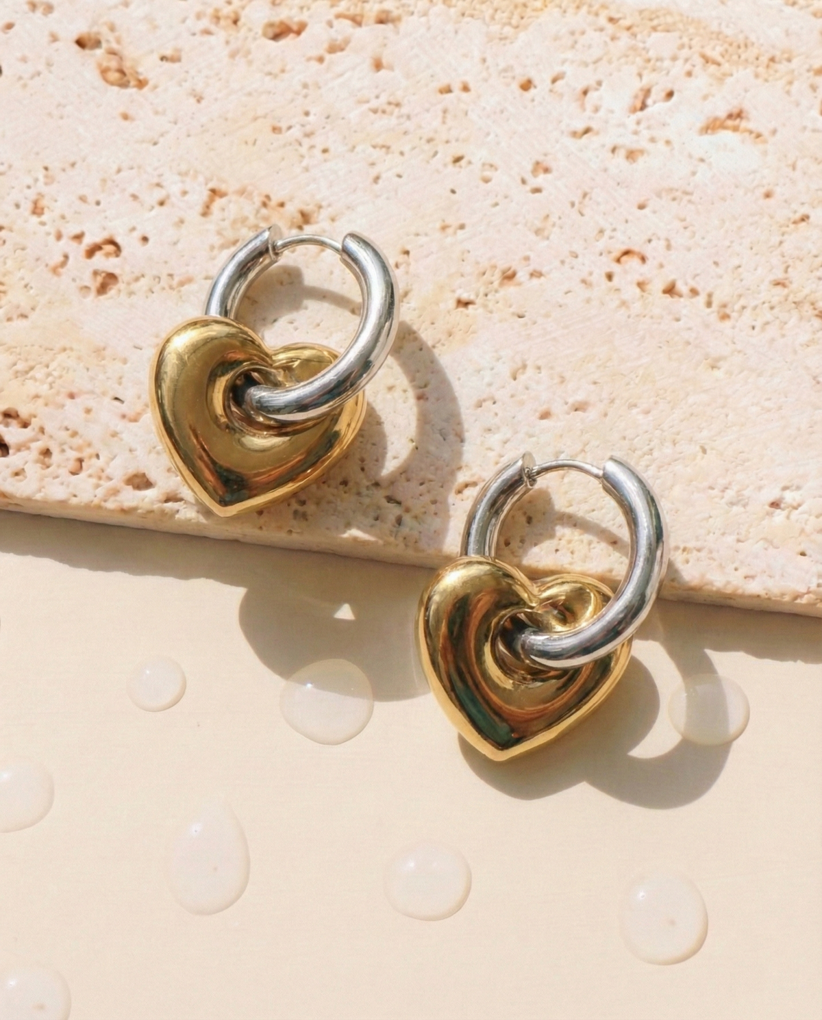 Rysanna Two Tone Silver Thin Round Hoop Gold Thick Heart Shaped Dangle Drop Earrings