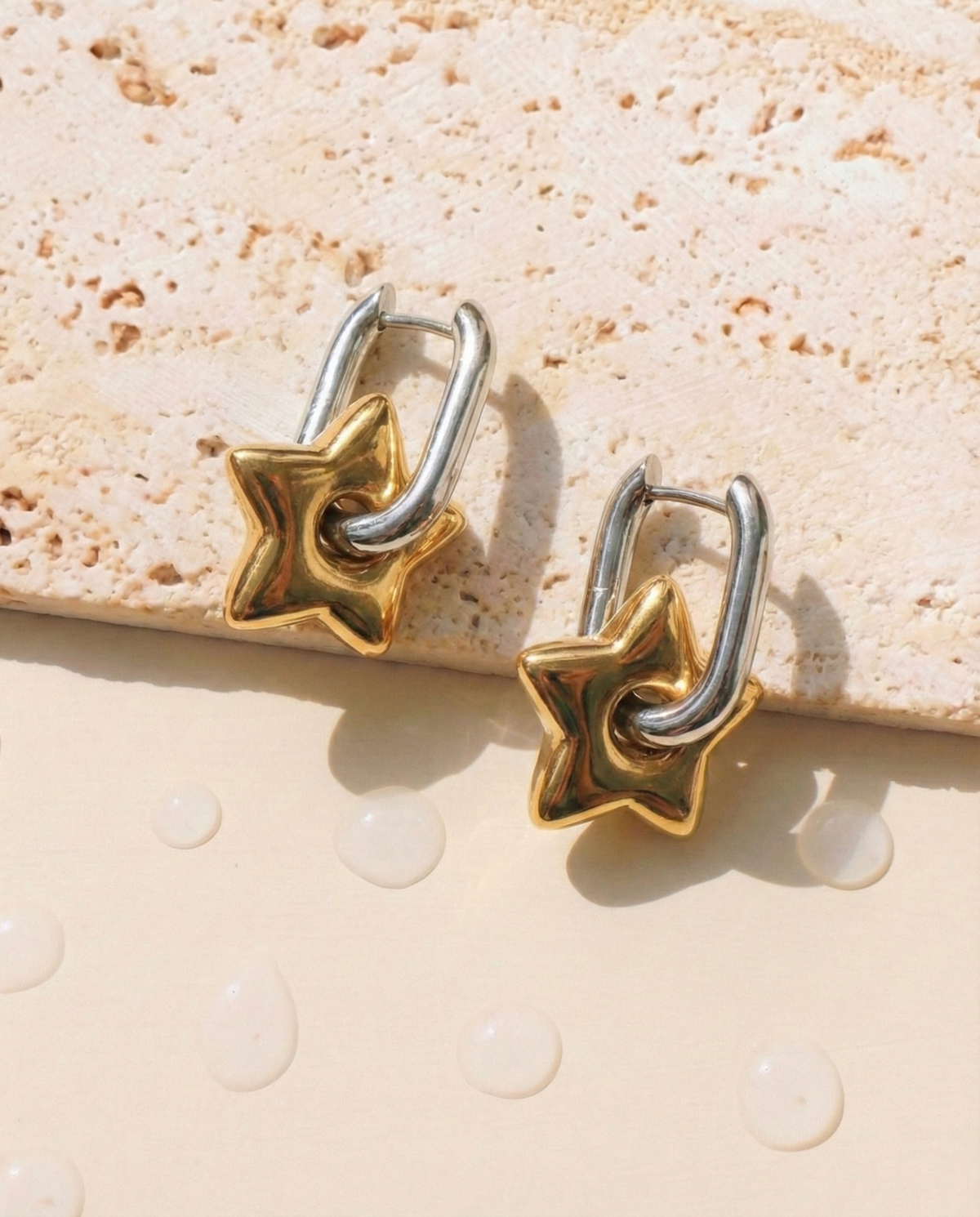 Ryvelle Two Tone Silver Thin U-Shaped Hoop Gold Thick Star Shaped Dangle Drop Earrings
