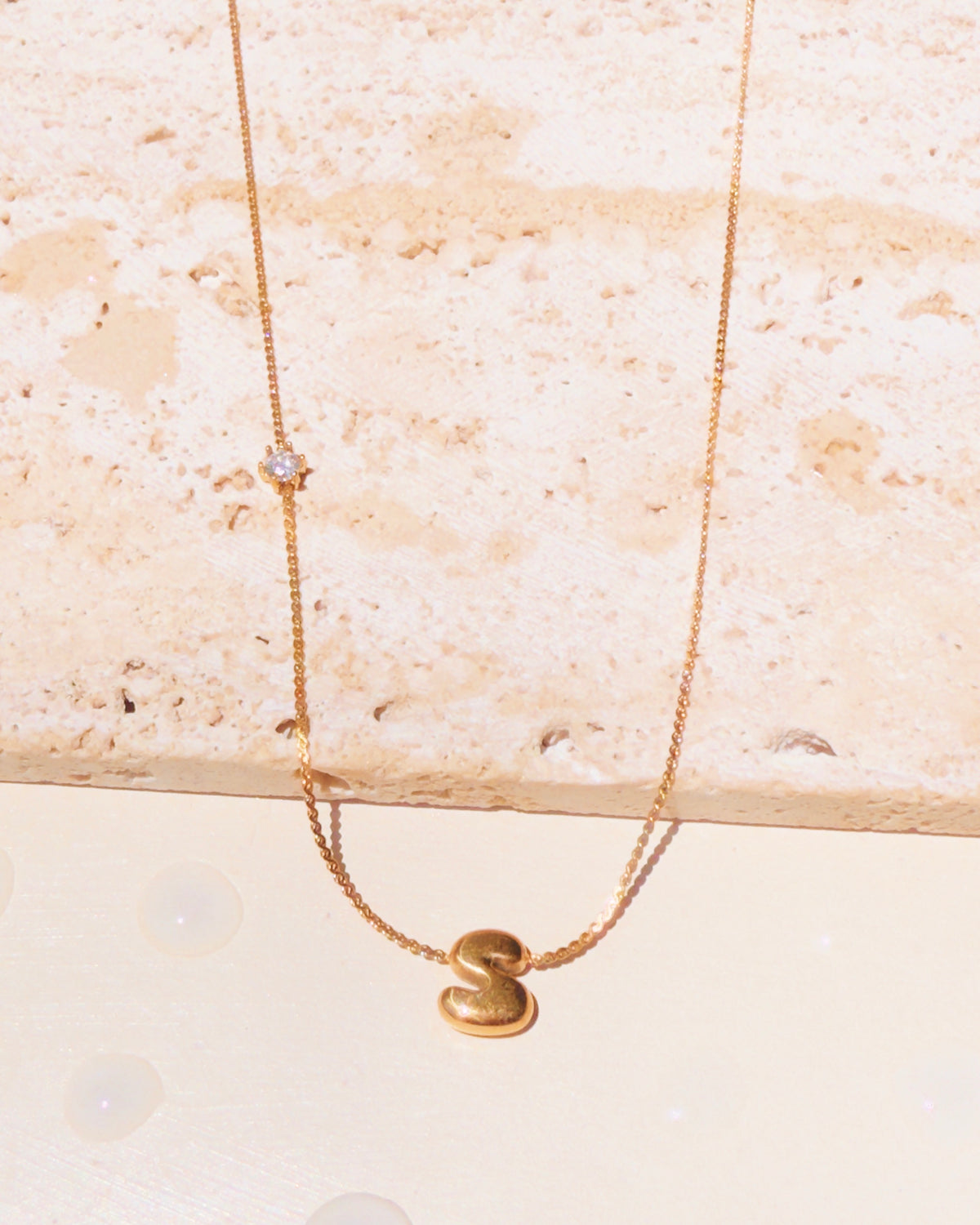 Marieta Letter Initials (A-Z) Rounded Puffy Design Center Pendant Zircon Side Pendant Thin Snake Chain Gold Necklace