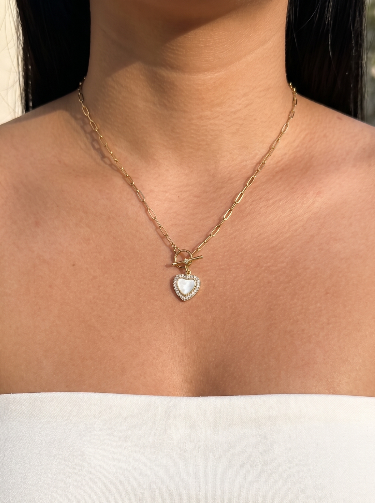 Sacha Zircon Paved Frame Shell Stone Heart Shaped Pendant OT Zircon Lock Small Thin Paperclip Chain Gold Necklace