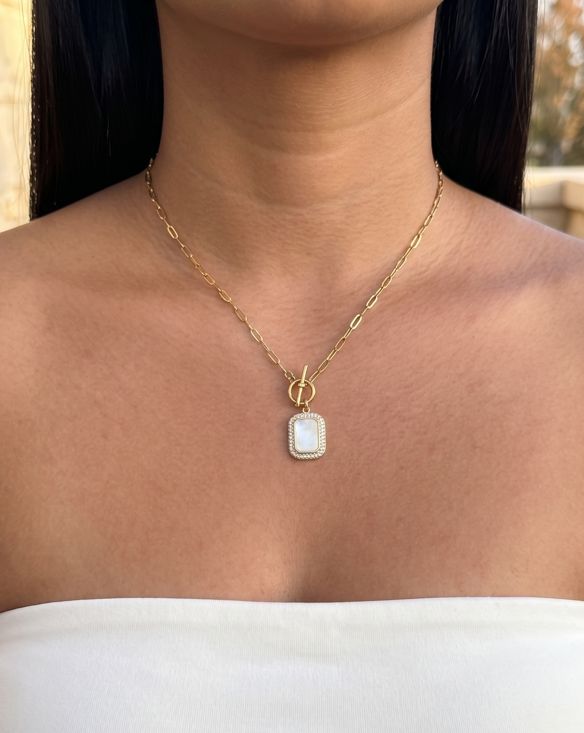 Saige Zircon Paved Frame Shell Rectangular Mirror Shaped Pendant OT Zircon Lock Small Thin Paperclip Chain Gold Necklace