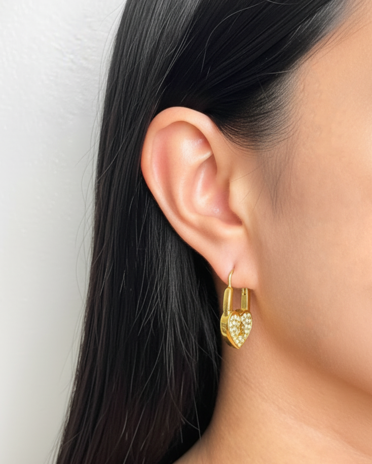 Serevia (Gold) Zircon Paved Heart Shaped Padlock Design Drop Earrings