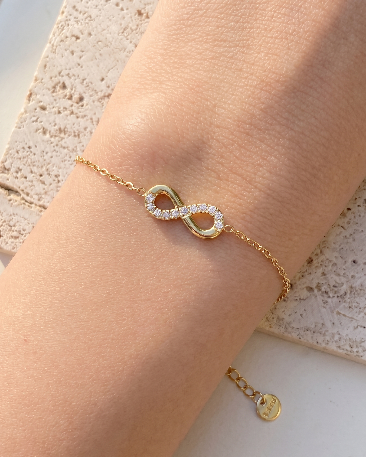 Solana (Gold) Zircon Paved Half Side Hollow Infinity Shaped Pendant Classic Thin Link Chain Gold Bracelet