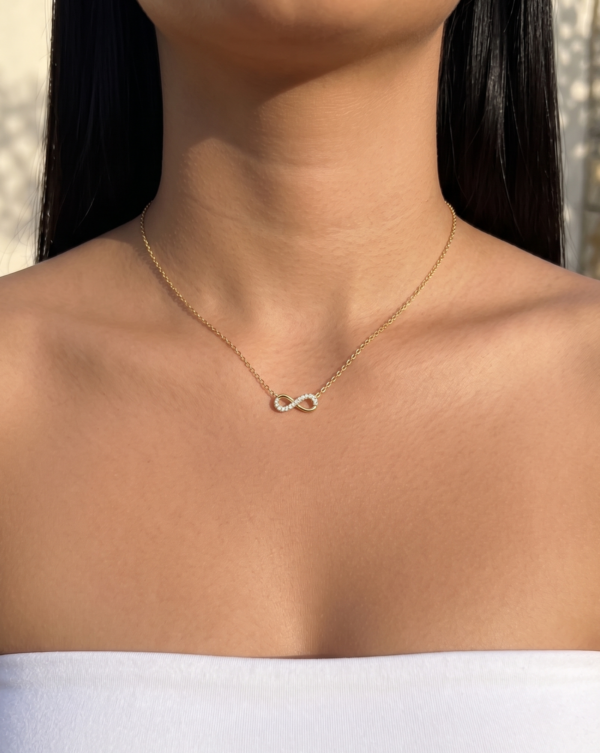 Somerset (Gold) Zircon Paved Half Side Hollow Infinity Shaped Pendant Classic Thin Link Chain Gold Necklace