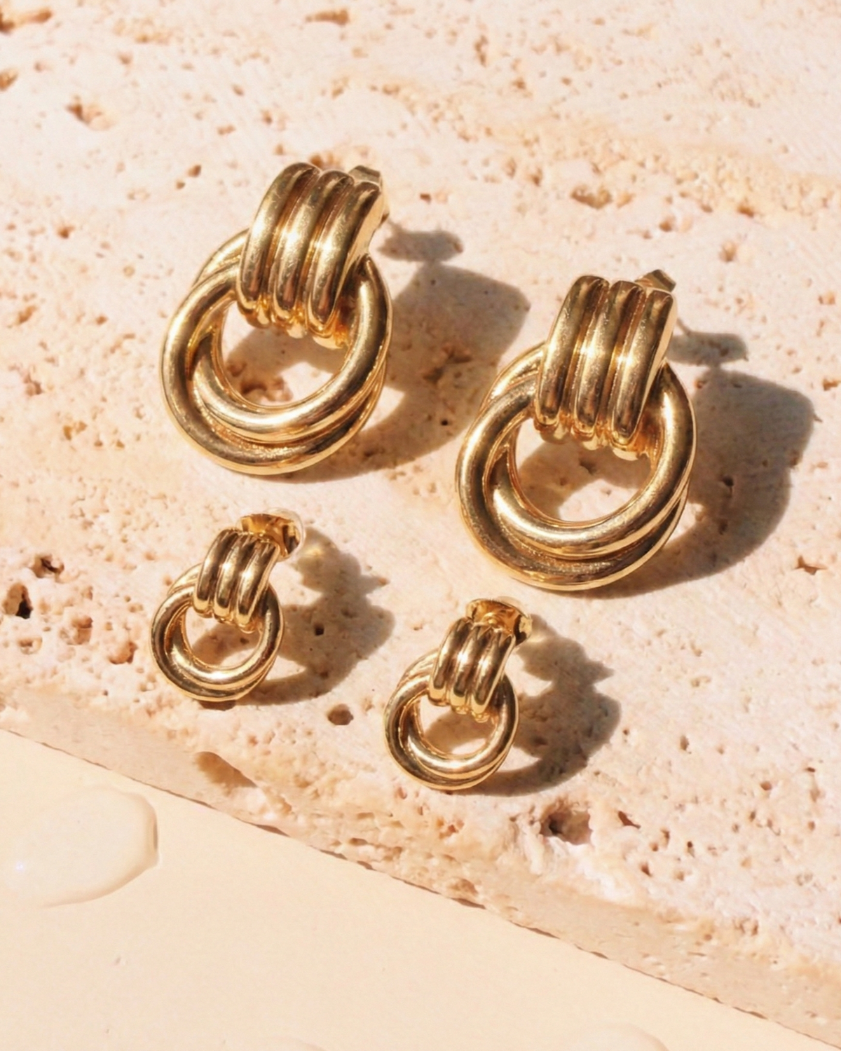 Syllira (Gold) Triple Layer Stacked Stud Hoop Dual Ring Dangle Door Handle Design Drop Earrings