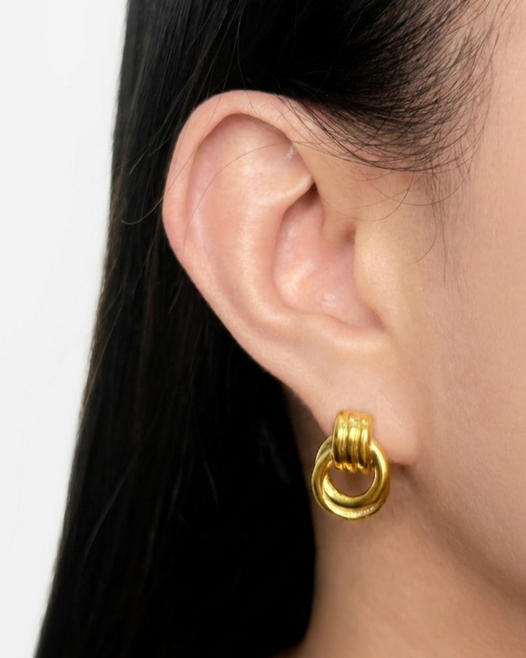 Syllira (Gold) Triple Layer Stacked Stud Hoop Dual Ring Dangle Door Handle Design Drop Earrings