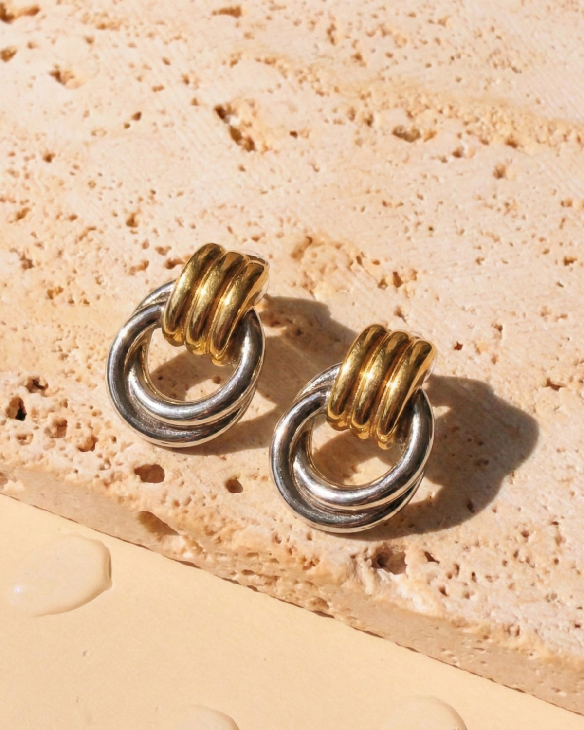 Syllira (Two Tone) Triple Layer Stacked Gold Stud Hoop Dual Silver Ring Dangle Door Handle Design Drop Earrings