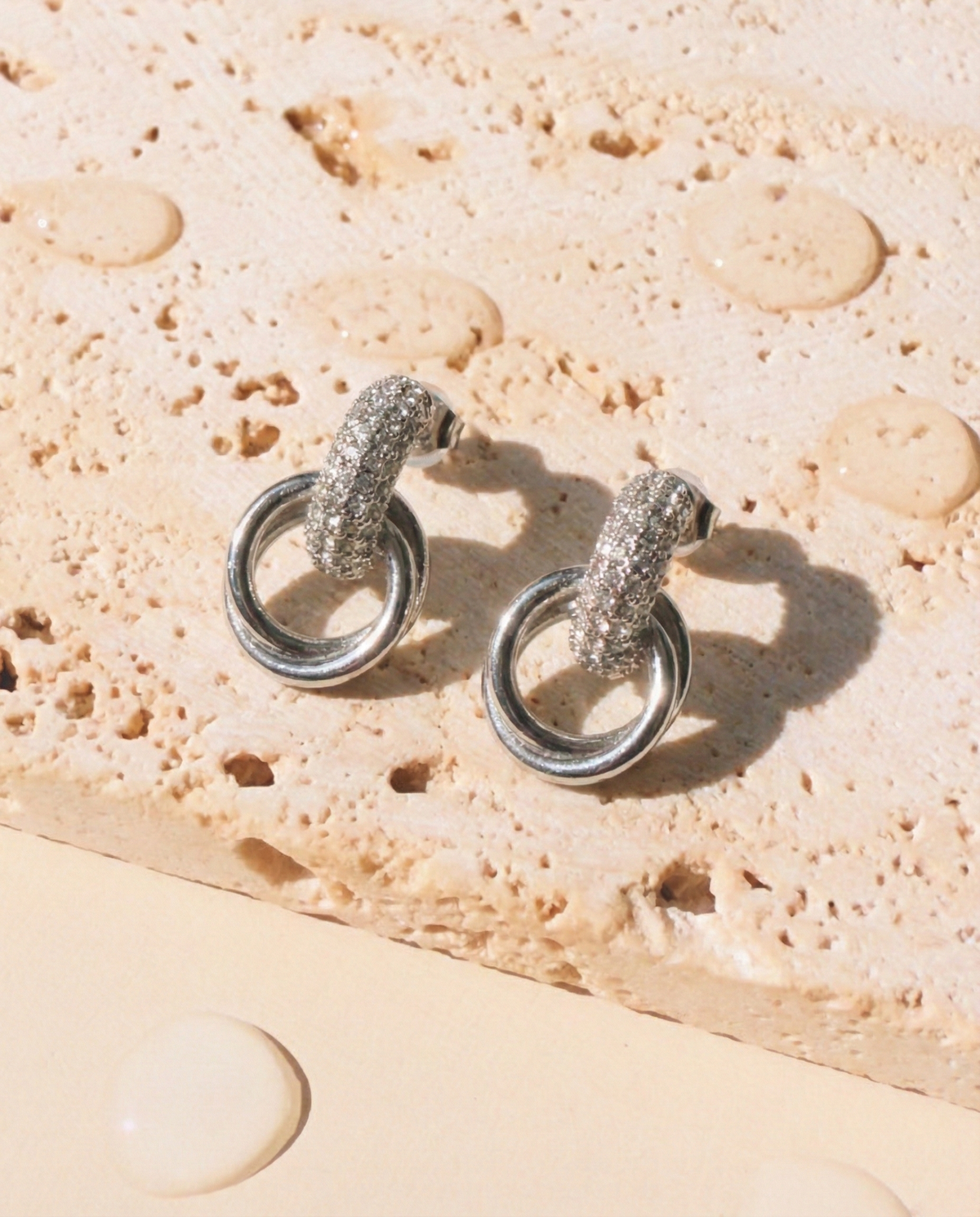 Sylvessa (Silver) Zircon Paved Thick C-Shaped Huggie Dual Ring Dangle Drop Earrings