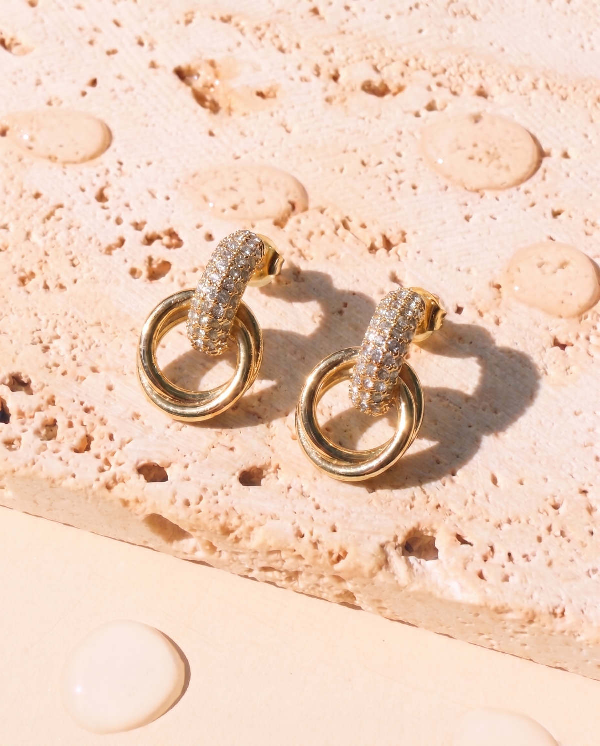 Sylvessa (Gold) Zircon Paved Thick C-Shaped Huggie Dual Ring Dangle Drop Earrings