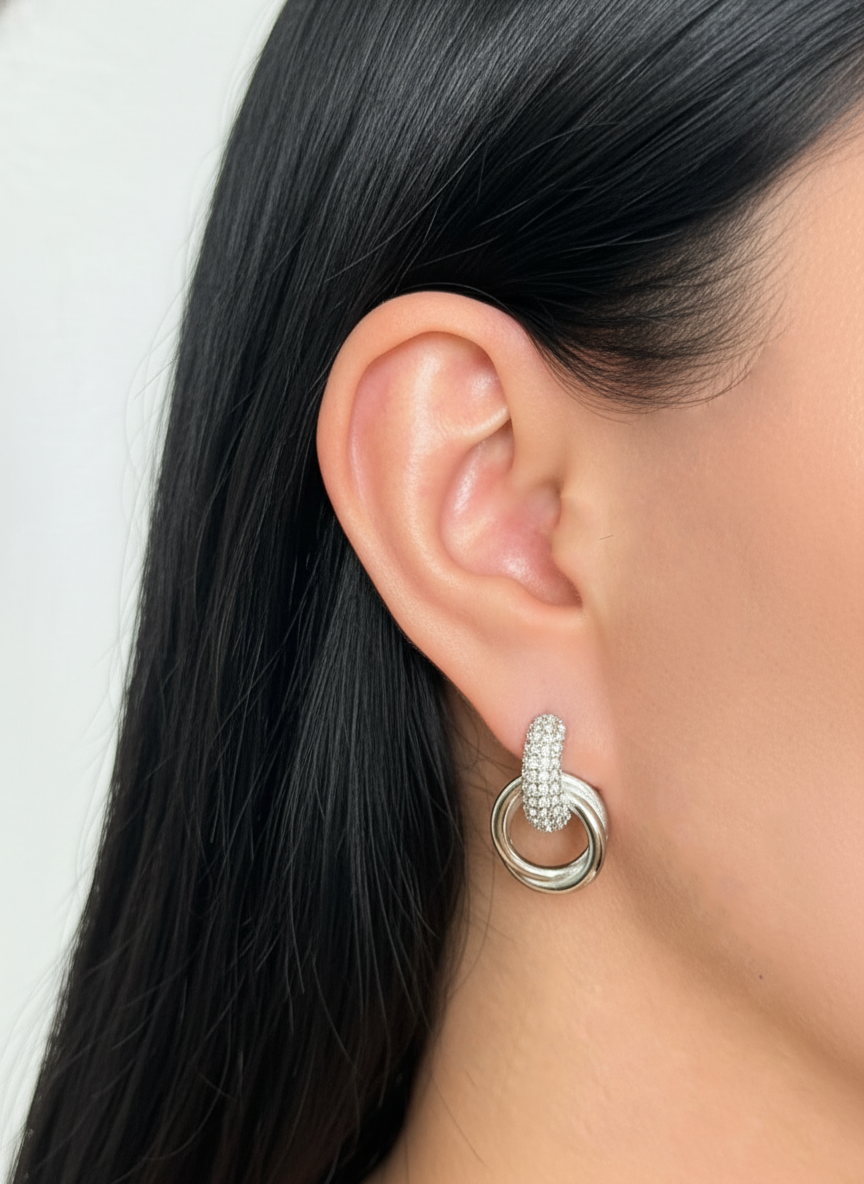 Sylvessa (Silver) Zircon Paved Thick C-Shaped Huggie Dual Ring Dangle Drop Earrings