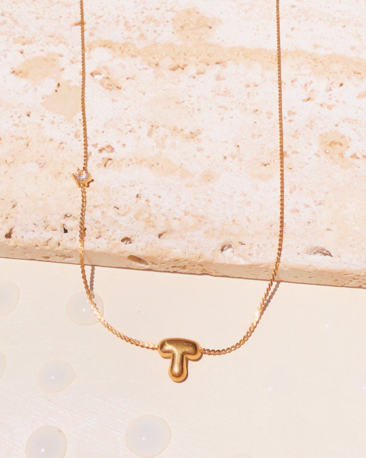 Marieta Letter Initials (A-Z) Rounded Puffy Design Center Pendant Zircon Side Pendant Thin Snake Chain Gold Necklace