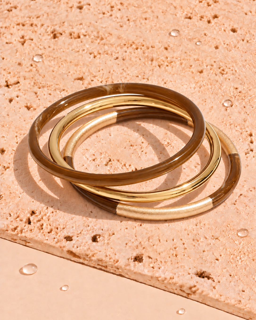 Taylor (Brown) 3 Bangles Bundle Set Light Round Brown Resin Stone Wash Design Gold Bangles