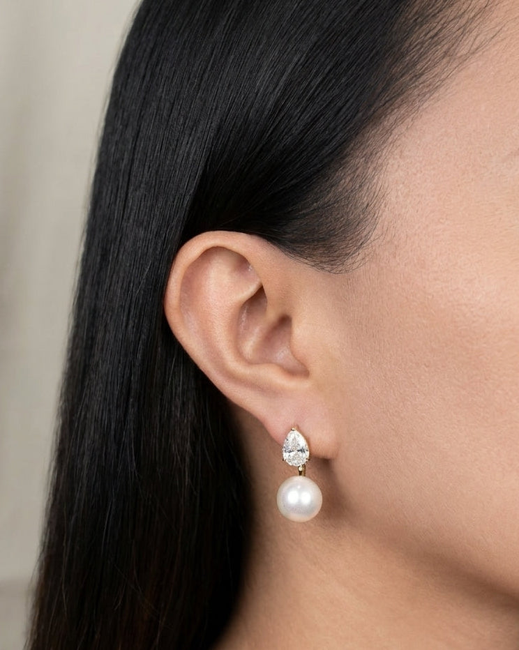 Teagan Pearl Stud Floating Zircon Waterdrop Shaped Design Gold Drop Earrings