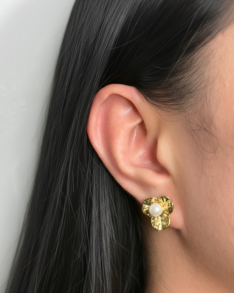 Thessa Tri Petal Flower Leaf Large Pearl Pollen Design Gold Stud Earrings