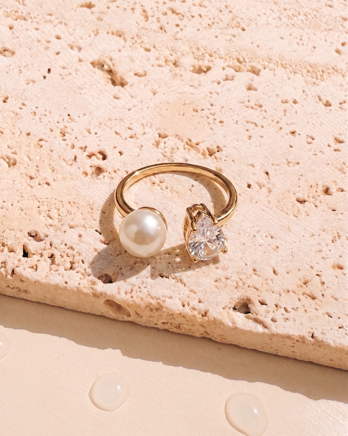 Tibby Dual Top Head Round Pearl Zircon Waterdrop Shaped Open Design Gold Open Ring