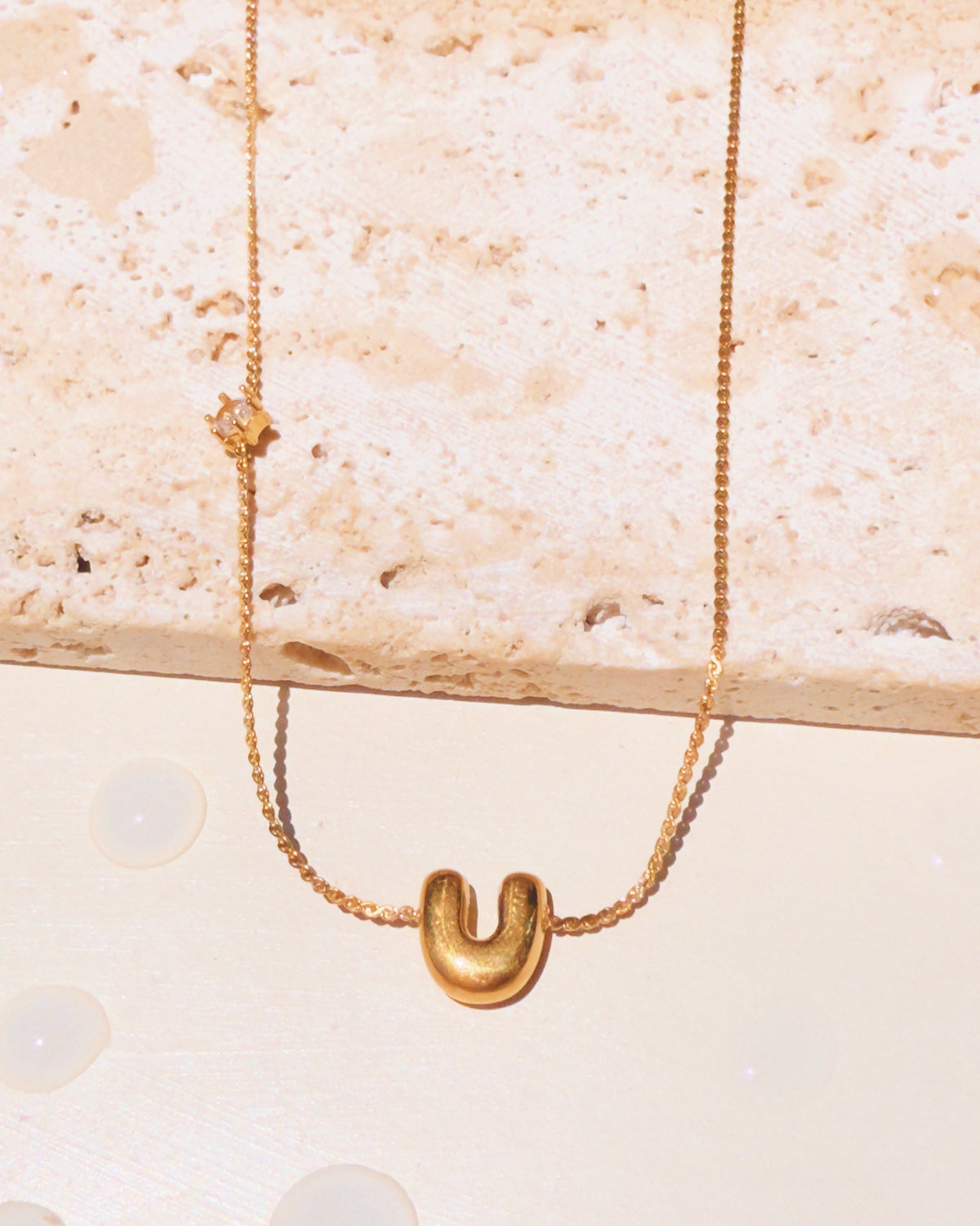 Marieta Letter Initials (A-Z) Rounded Puffy Design Center Pendant Zircon Side Pendant Thin Snake Chain Gold Necklace