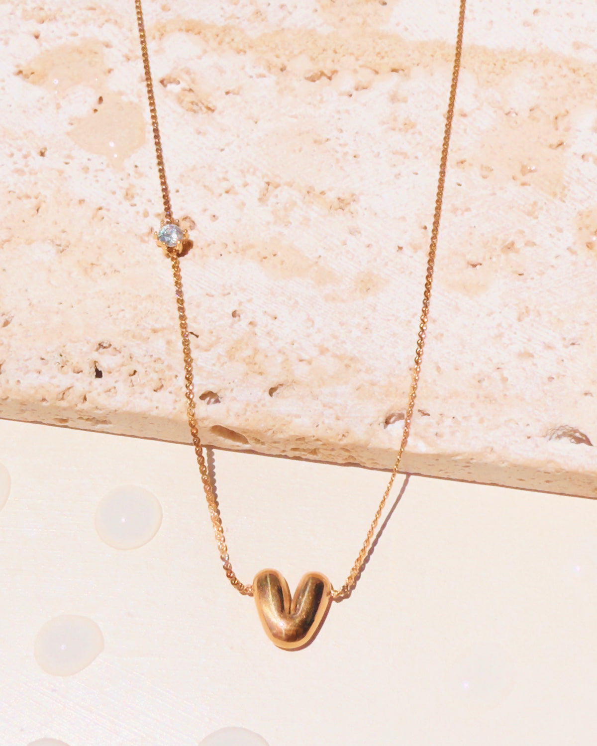 Marieta Letter Initials (A-Z) Rounded Puffy Design Center Pendant Zircon Side Pendant Thin Snake Chain Gold Necklace