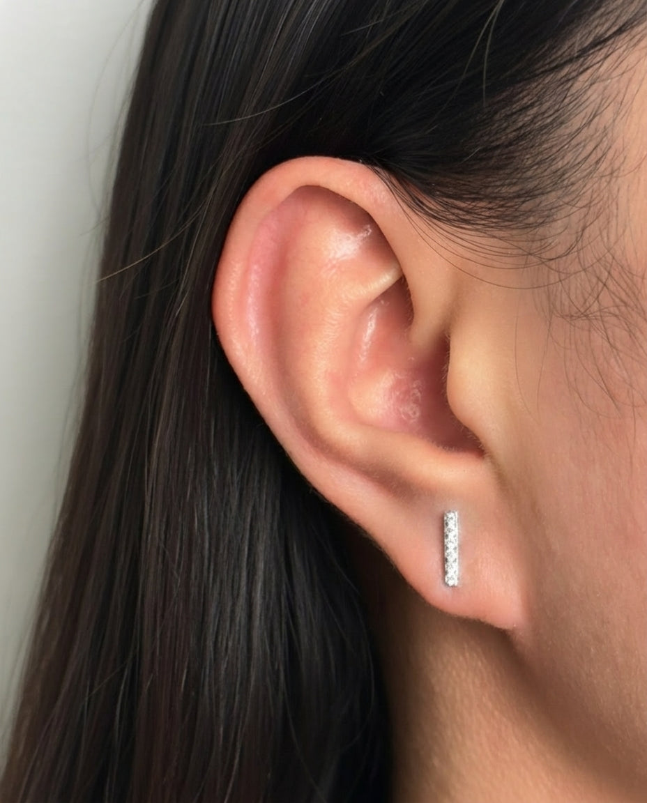Vivia (Silver) Bar Shaped Rounded Zircon Paved Silver Stud Earrings