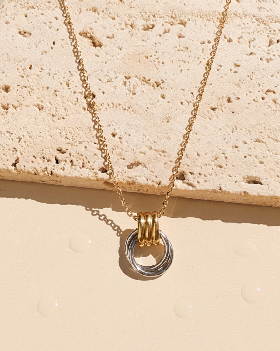 Wymara Two Tone Interlocking Stacked Gold Ring Dual Silver Rings Paved Door Handle Design Pendant Classic Link Chain Gold Necklace