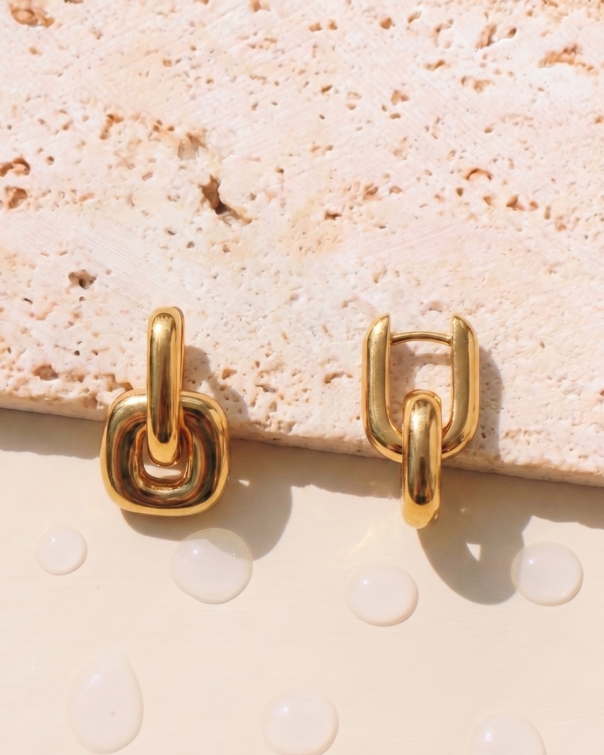 Xyra (Gold) Stacked Flat Wide U-Shaped Hoop Rounded Square Design Drop Earrings