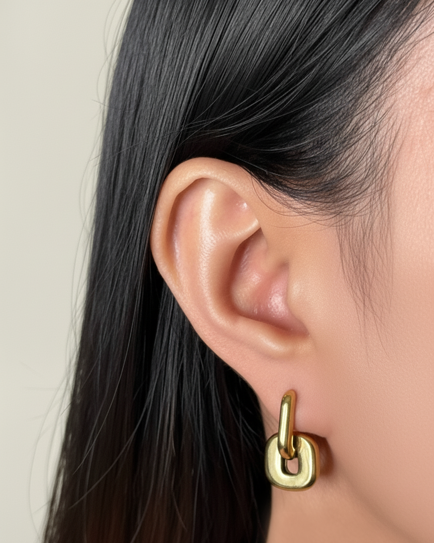 Xyra (Gold) Stacked Flat Wide U-Shaped Hoop Rounded Square Design Drop Earrings