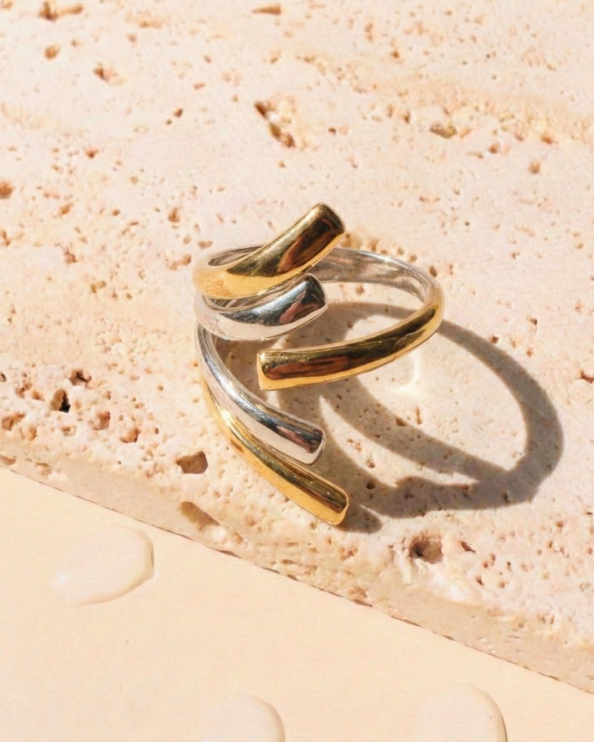 Zephyra (Two Tone) Silver Gold Linear Splash Wave Design Layered Look Open Ring