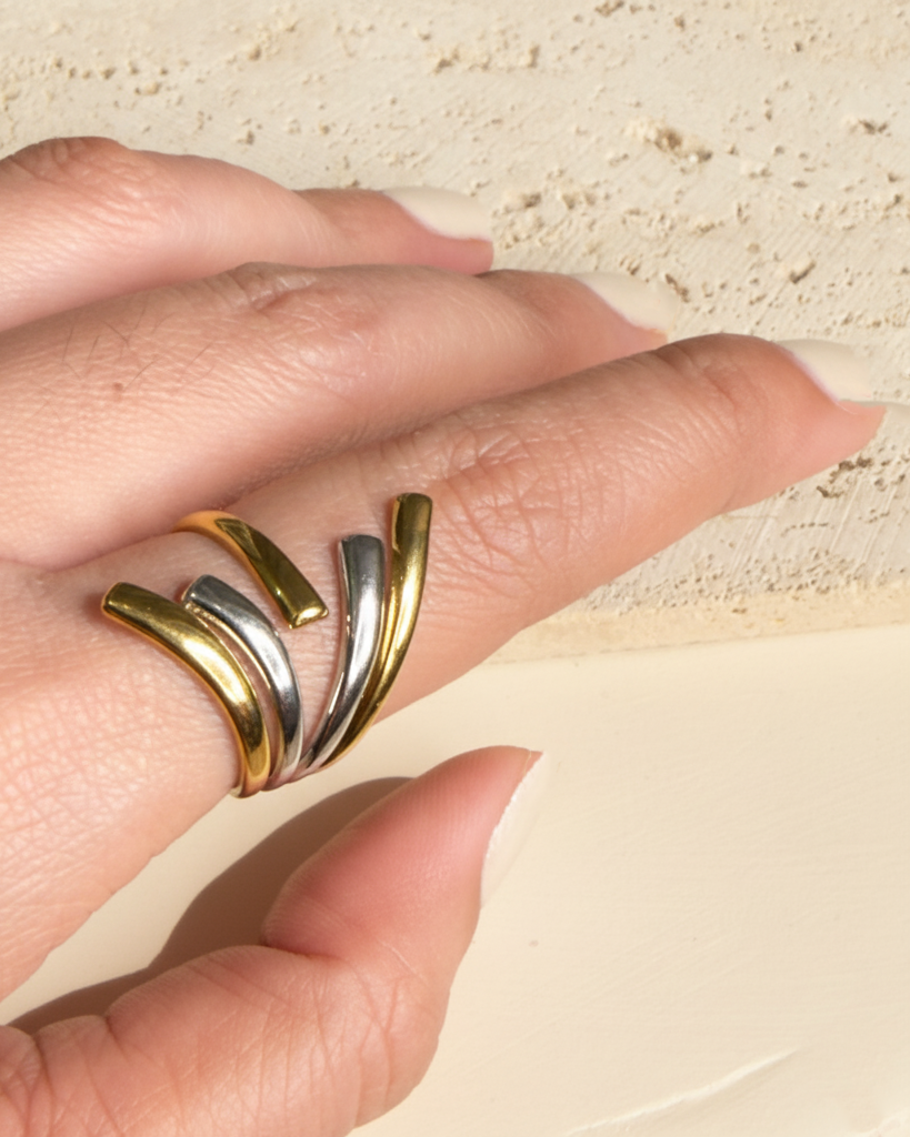 Zephyra (Two Tone) Silver Gold Linear Splash Wave Design Layered Look Open Ring