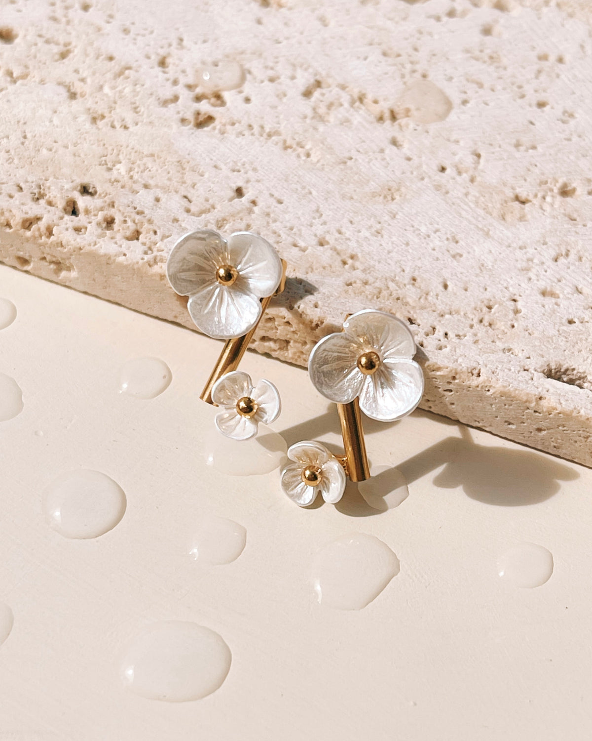 Cindy Shell Stone Small Big Flower Shaped Bar Stud Gold Drop Earrings