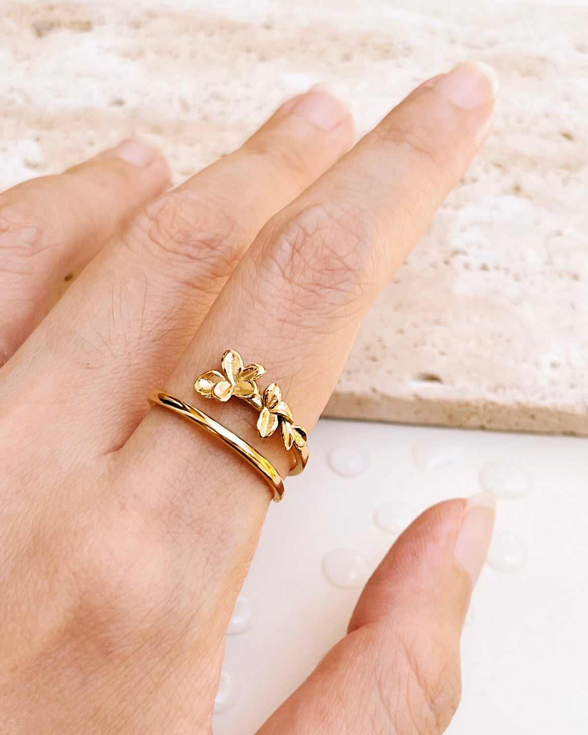 June Carved Orchid Flower Design Layered Look Open Gold Ring