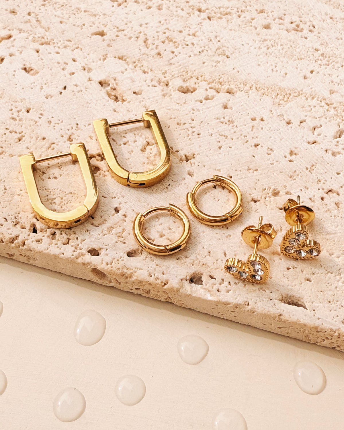 Janice (Bundle Set) 3 Pairs U-Shaped Flat Design Gold Huggies Classic Zircon Paved Round Gold Huggies Zircon Paved Heart Shaped Gold Studs