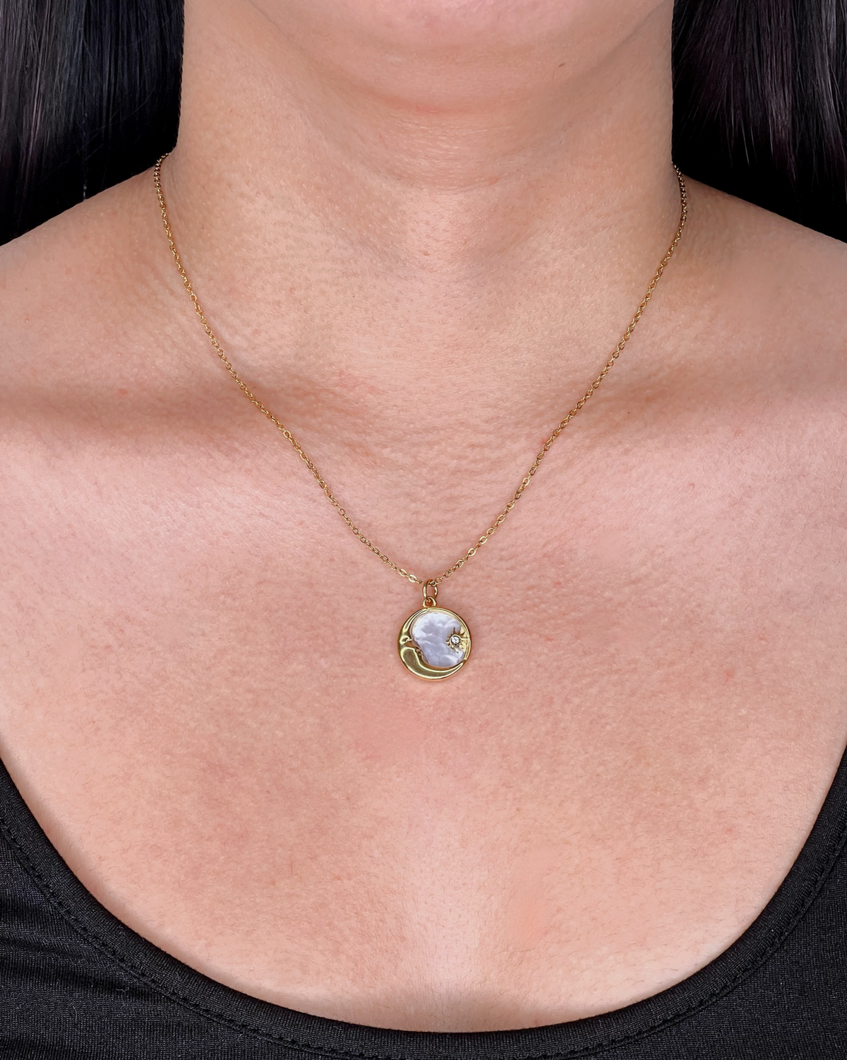 Celeste Sun and Moon Shell Stone Pendant Gold Necklace