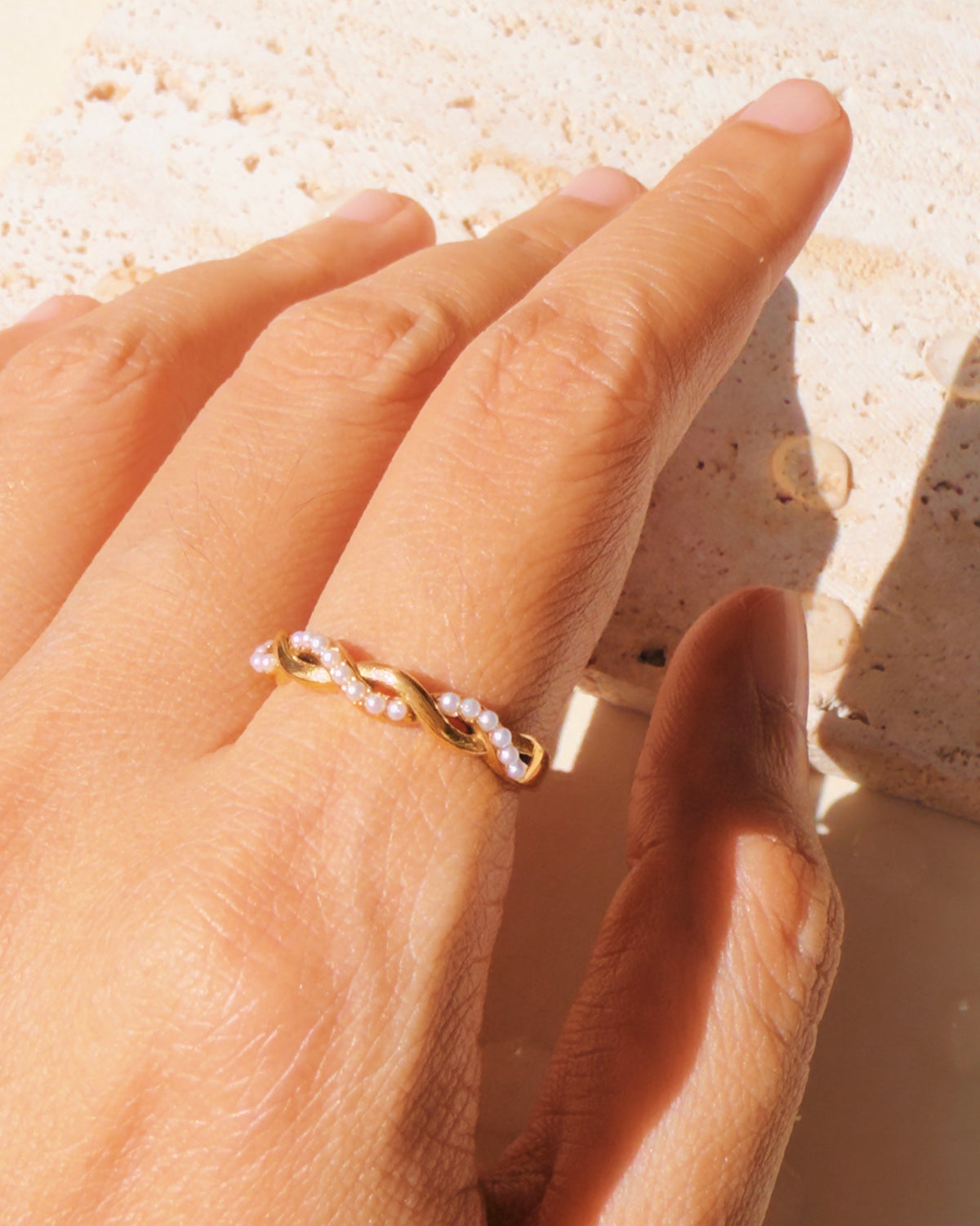 Nara Twisted Head Design Half Side Pearl Inlaid Gold Ring