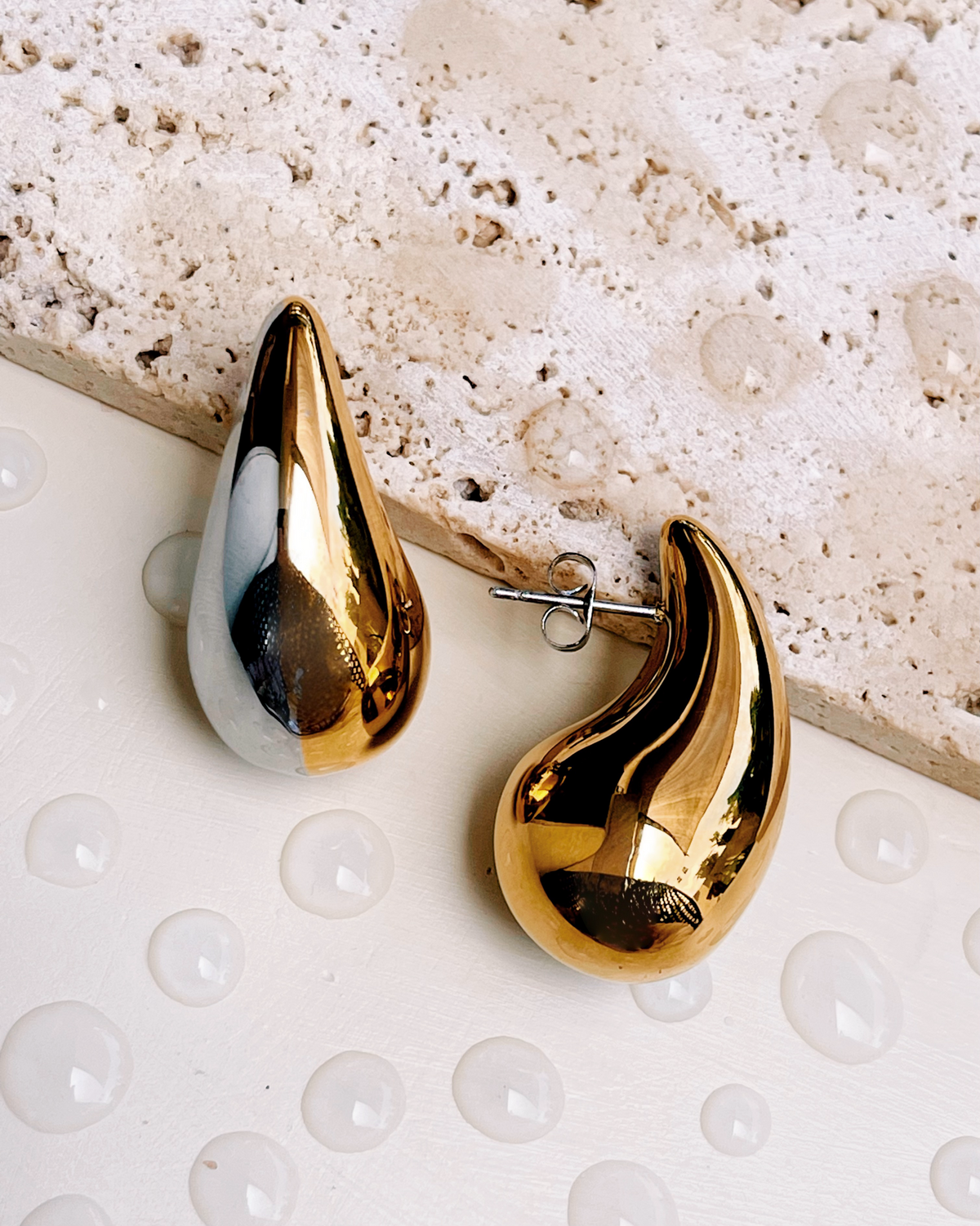 Theodora (Two Tone) Chunky Teardrop Design Side Half Gold Half Silver Stud Gold Drop Earrings