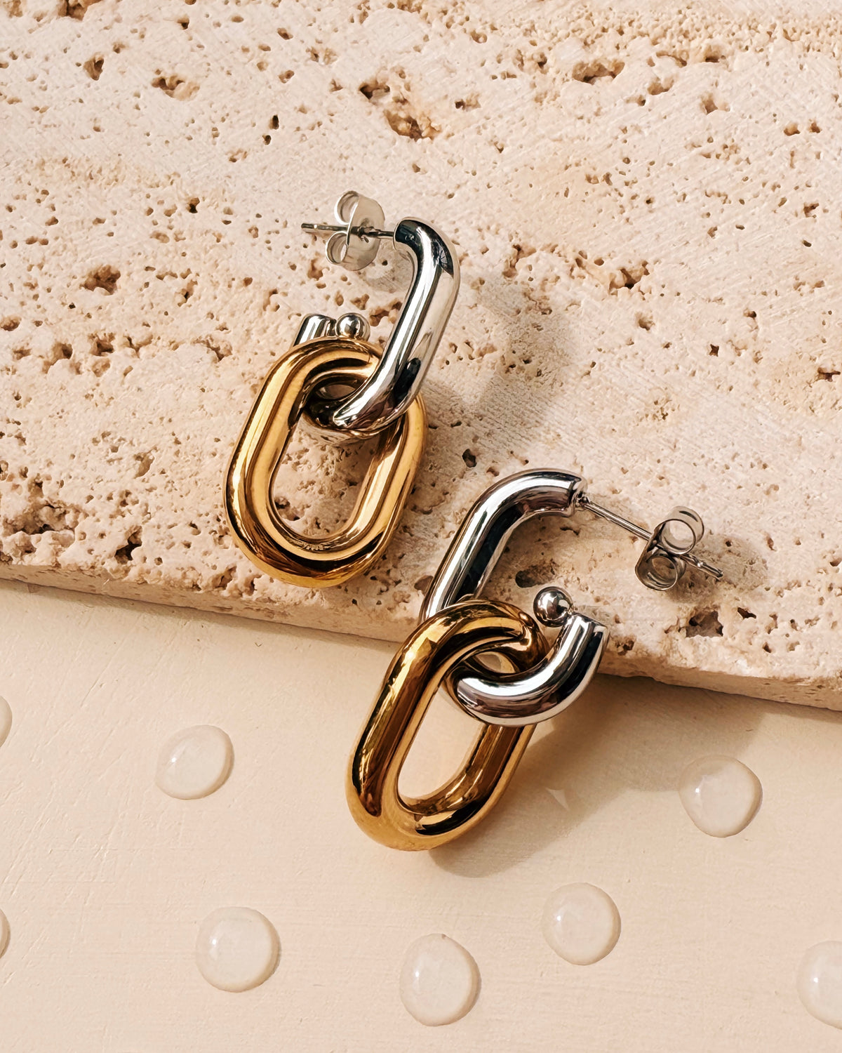 Jodilynn Two Tone Silver Gold Two Chunky  Hoop Chain Design Drop Earrings