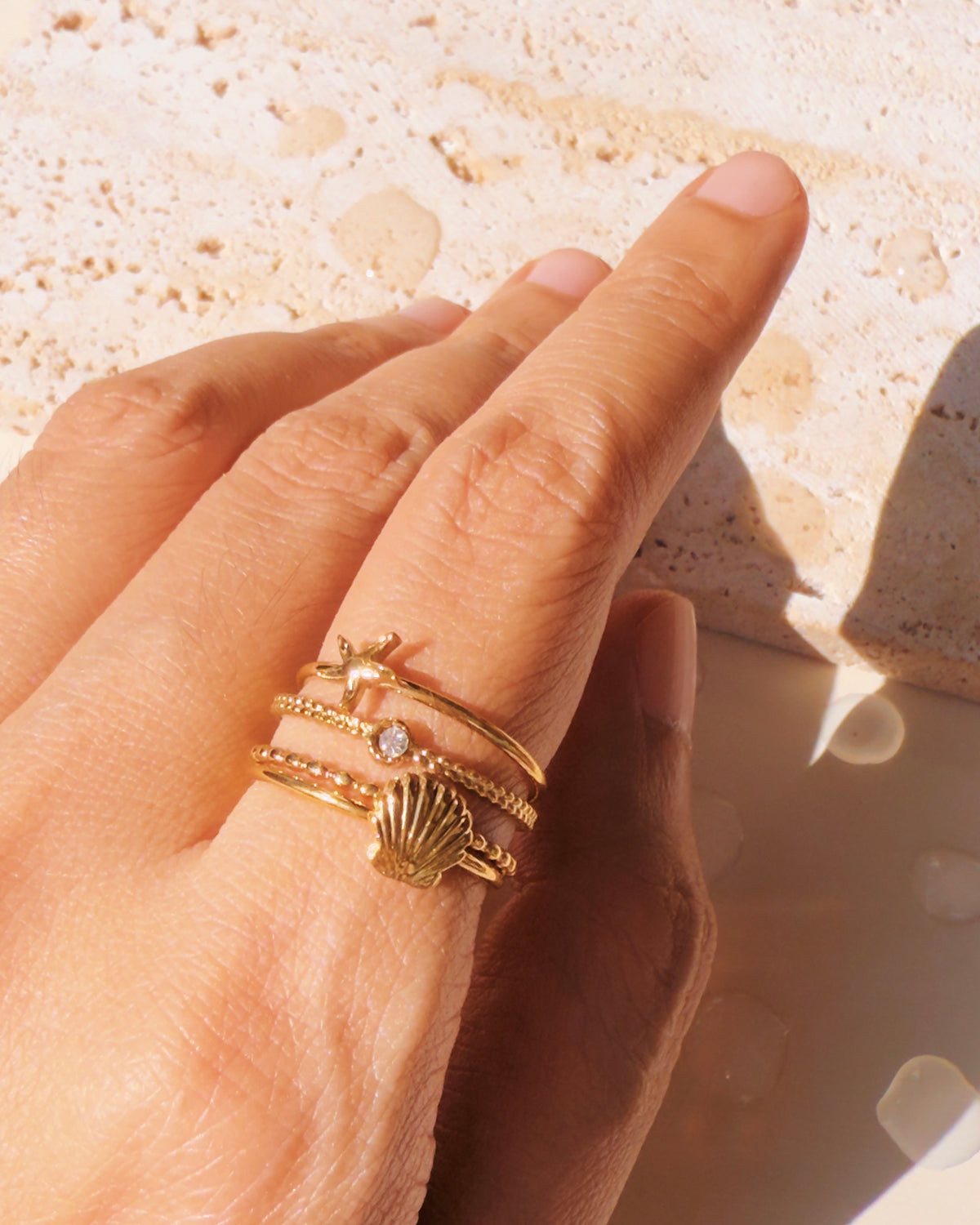 Paloma (Bundle Set) Double Layer Hollow Beads Band Zircon Top Head Design Shell And Starfish Top Head Design Thin Band Stackable Ring