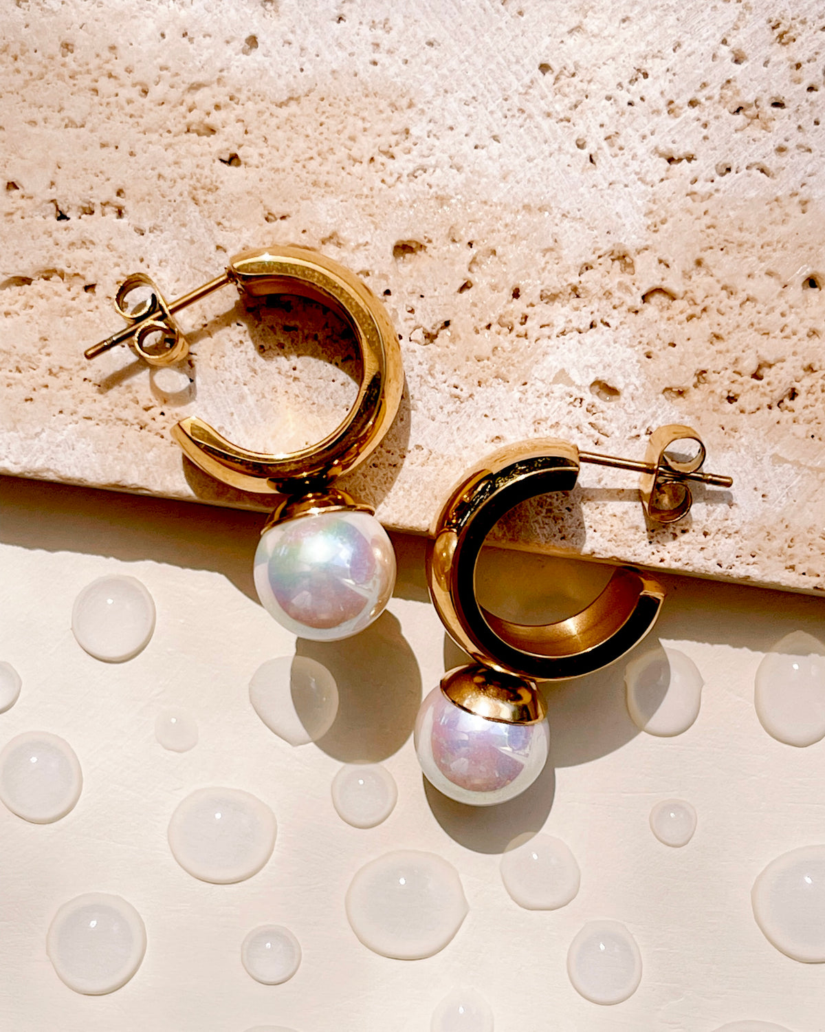 Lucille Imitation Pearl Inlaid C-Shaped Wide Gold Drop Earrings