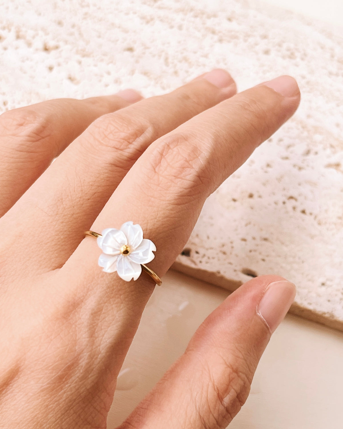 Cami Shell Stone Flower Shaped Top Open Gold Ring