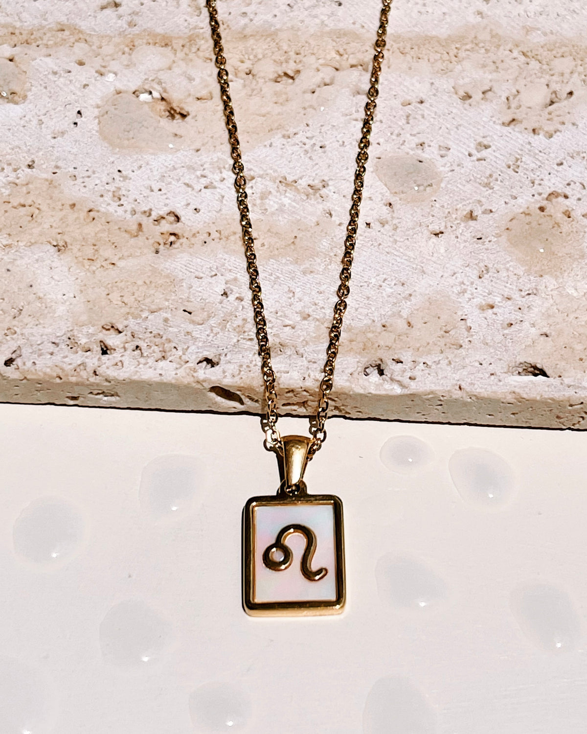 Camila Shell Zodiac Sign Square Framed Pendant Link Chain Gold Necklace