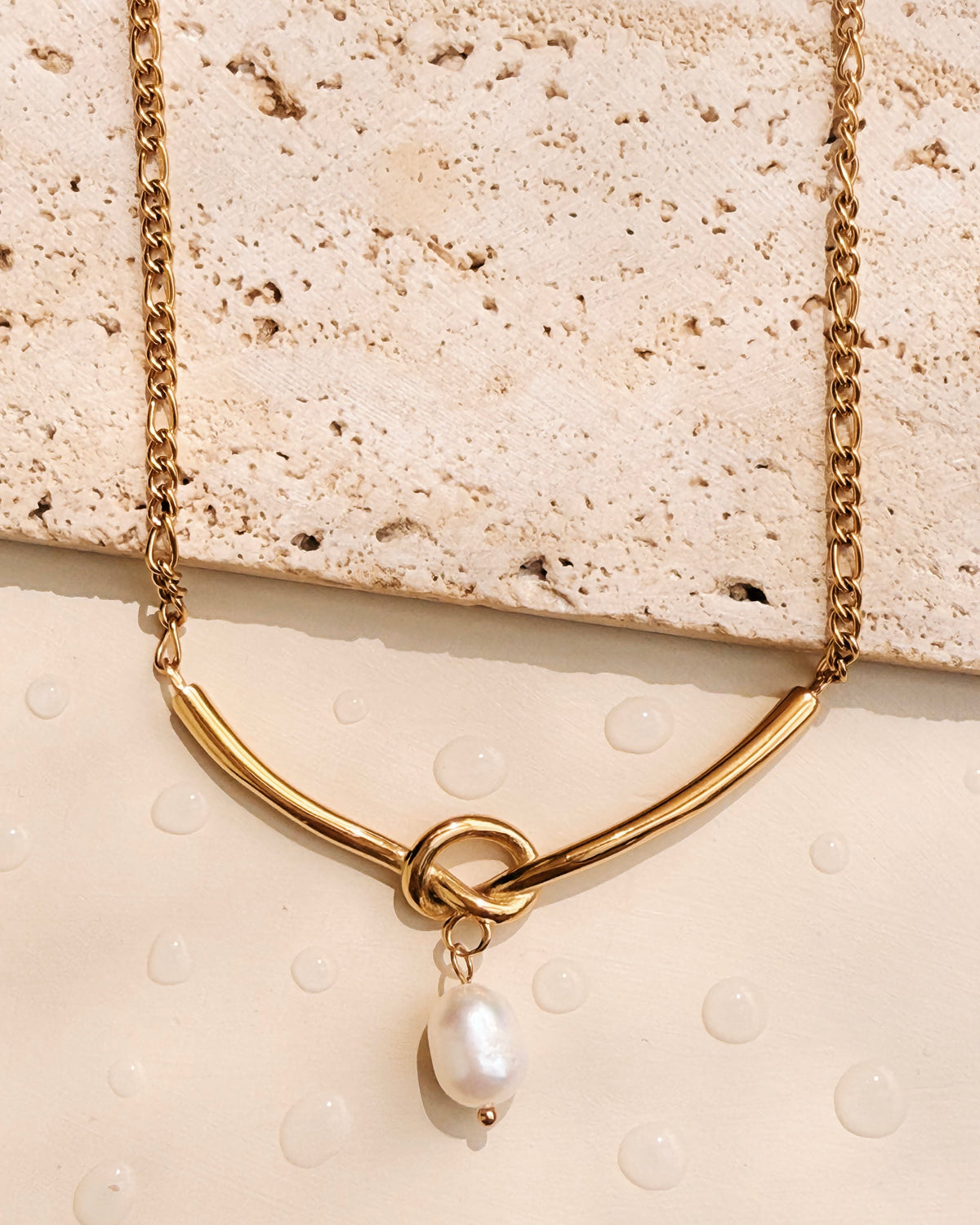 Eden Figaro Chain V-Shaped Interlaced Long Bar Pendant Pearl Drop Centerpiece Gold Necklace